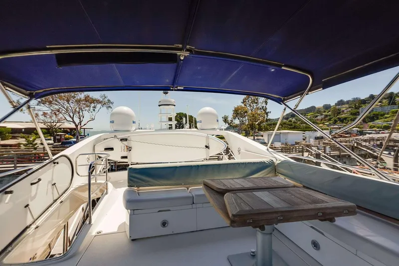 Slide: The Image of Sunseeker Manhattan 70 yacht deck, 2009 model, featuring seating and table under a canopy. - 10