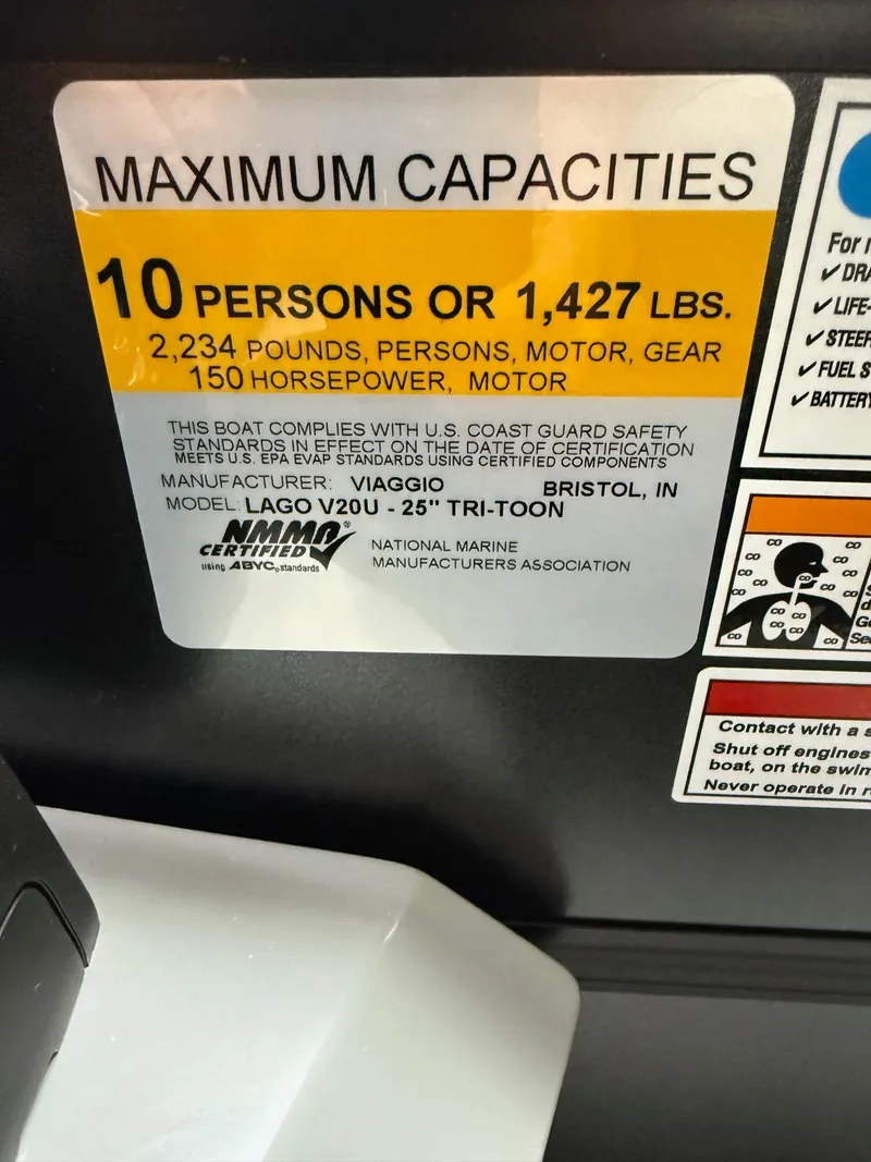 Slide: The Image of Viaggio V20U 2025 boat capacity label: 10 persons, 1,427 lbs, 150 horsepower. - 12