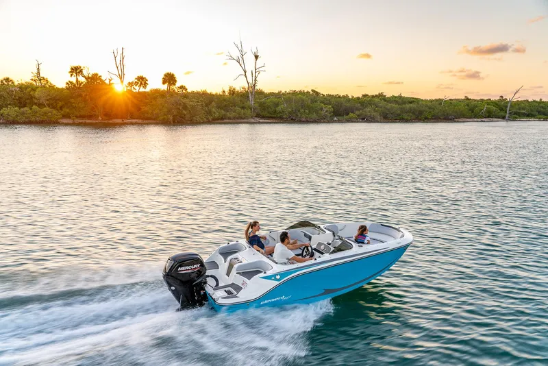 Slide: The Image of 2024 Bayliner M17 boat cruising on water at sunset, with passengers enjoying the ride. - 2