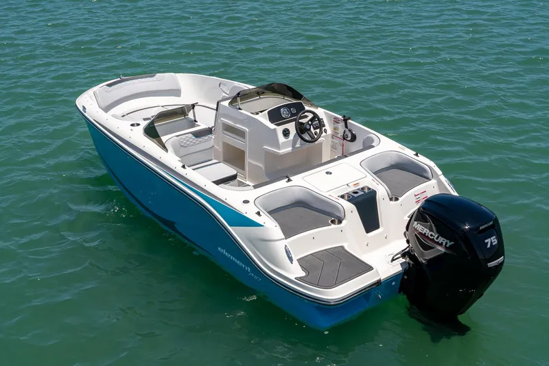 Slide: The Image of 2024 Bayliner M17 boat on water, featuring a sleek design and Mercury 75 engine. - 7