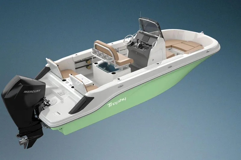 Slide: The Image of 2023 Bayliner Trophy 20CC boat with Mercury engine, featuring spacious seating and modern design. - 39
