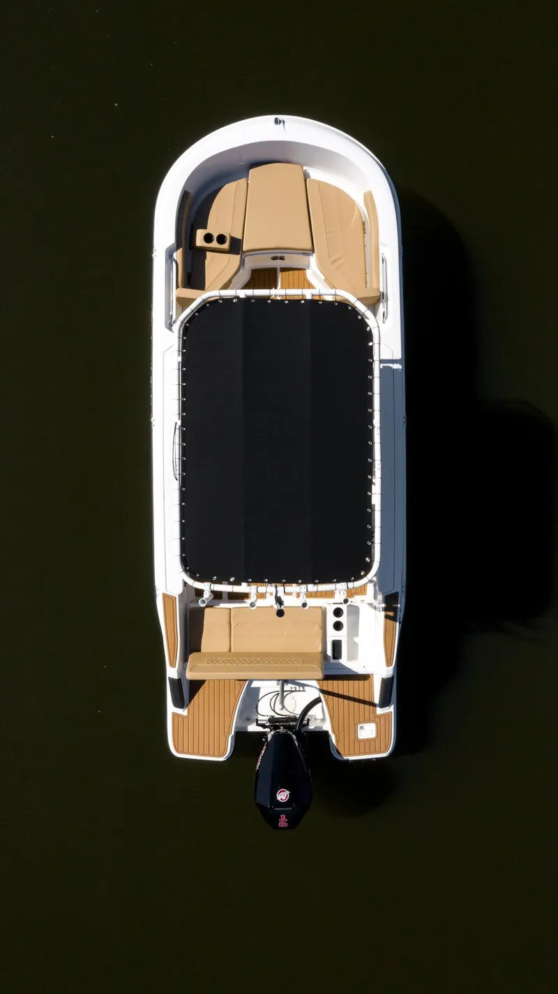 Slide: The Image of 2024 Bayliner Trophy 20CX boat, aerial view, showcasing deck layout and motor. - 28