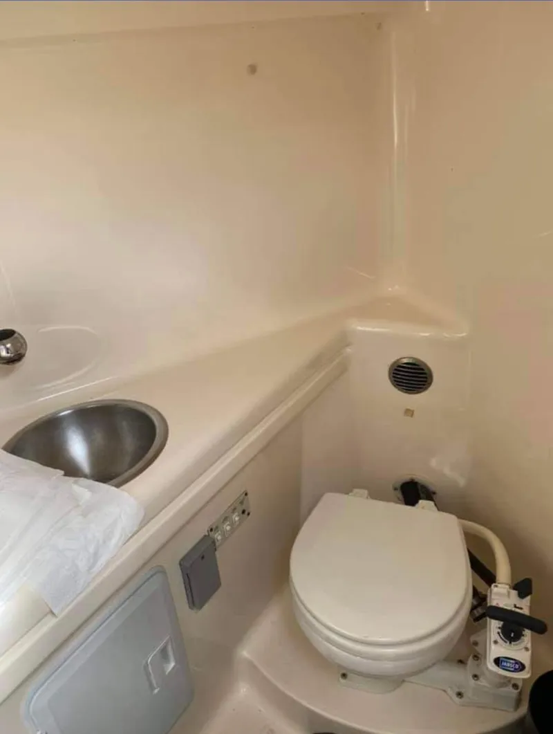 Slide: The Image of 2001 Larson 254 Cabrio boat bathroom with sink and toilet. - 7