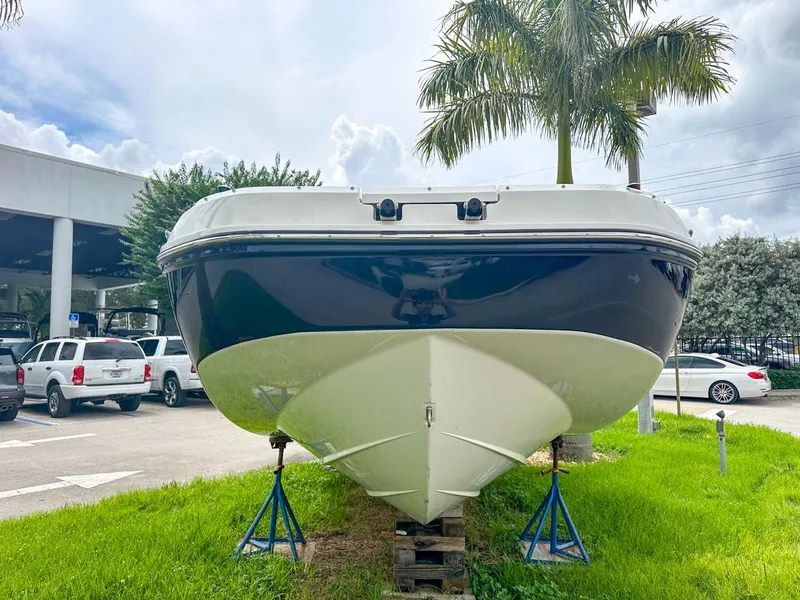 Slide: The Image of 2024 Bayliner DX2200 boat displayed outdoors on stands, with palm trees and cars in the background. - 4