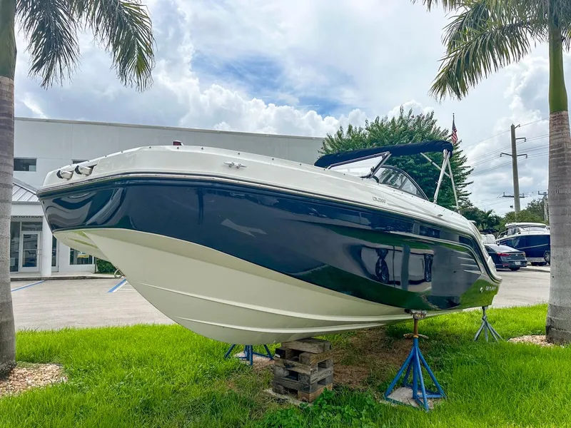 Slide: The Image of 2024 Bayliner DX2200 boat displayed outdoors on stands, surrounded by palm trees. - 5