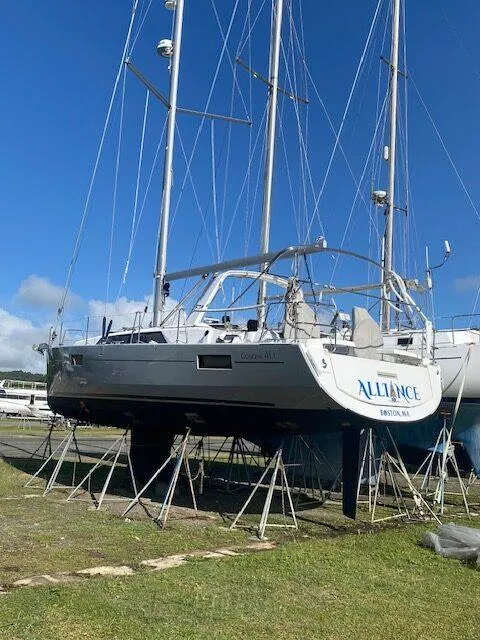 Slide: The Image of 2017 Beneteau Oceanis 41.1 sailboat on stands, clear sky background. - 11