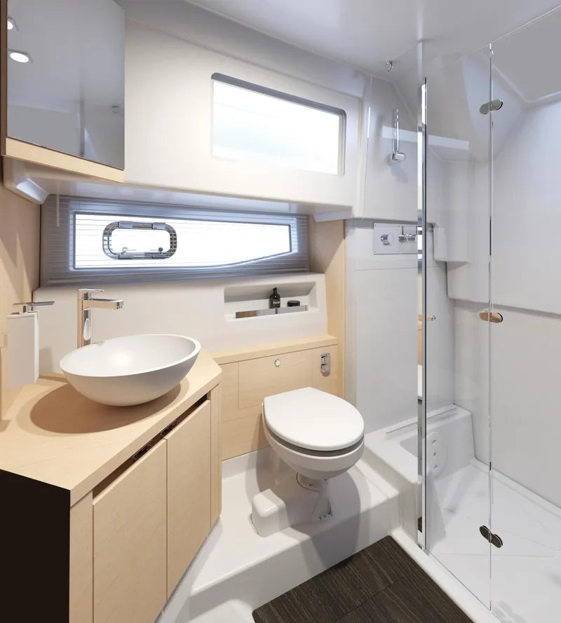 Slide: The Image of 2024 Jeanneau DB 37 OB bathroom with modern fixtures and sleek design. - 9