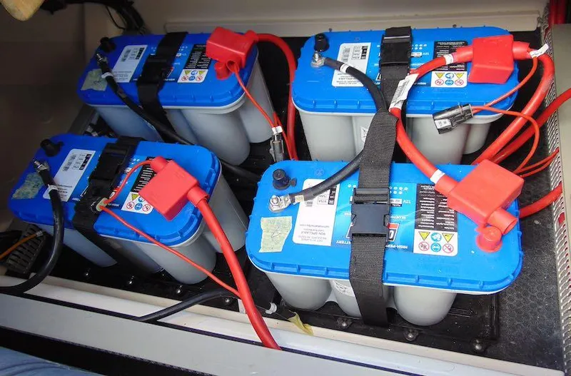 Slide: The Image of Four blue-top batteries with red cables in a Navan S30, 2025 model. - 21