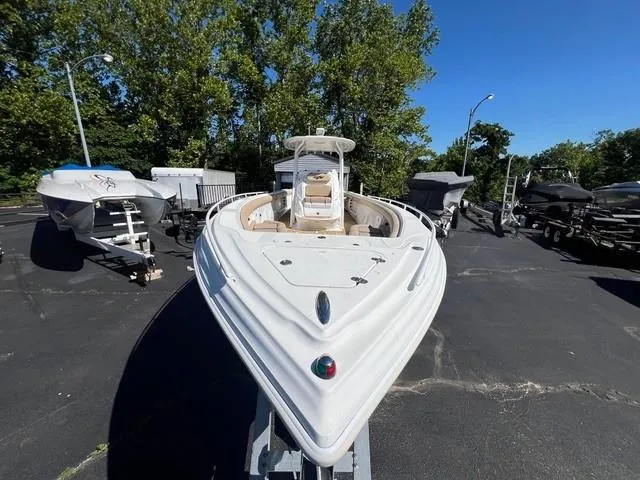 Slide: The Image of 2016 Glasstream 360 SCX boat on trailer, parked outdoors under clear blue sky. - 5