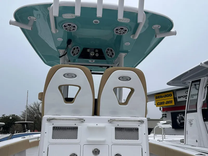 Slide: The Image of 2024 Sportsman Masters 267OE Bay Boat with dual seats and overhead console. - 46
