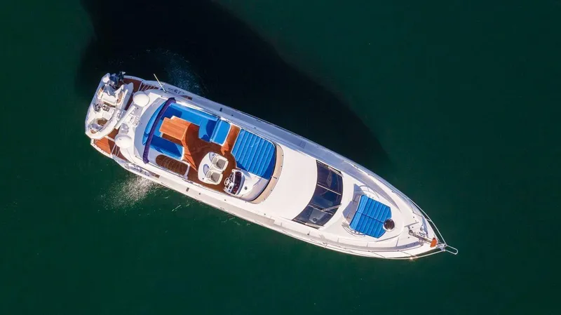Slide: The Image of Aerial view of 2010 Sunseeker Manhattan 60 yacht on calm water. - 4