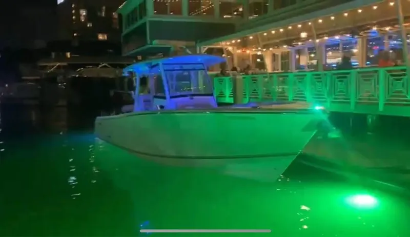 Slide: The Image of 2018 Cobia 344 Center Console boat illuminated by green lights at night near a waterfront restaurant. - 11
