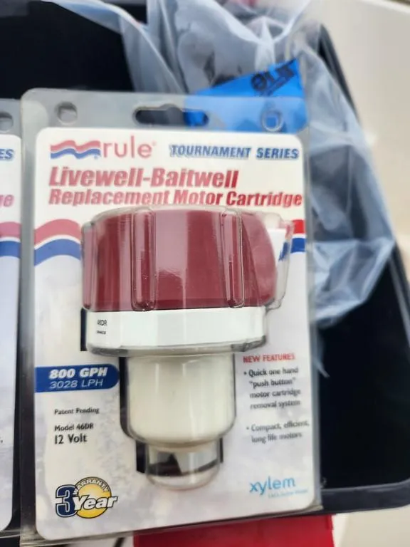 Slide: The Image of Rule livewell-baitwell replacement motor cartridge packaging, 800 GPH, 12 Volt, 3-year warranty. - 49