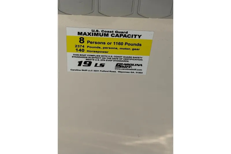 Slide: The Image of 2025 Carolina Skiff 19 LS capacity label: 8 persons, 1160 pounds, 140 horsepower. - 18