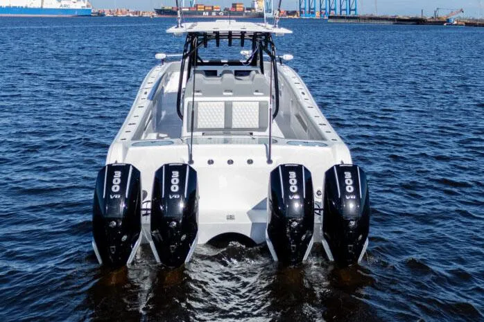 Slide: The Image of Aerial view of 2025 Front Runner 37 Catamaran on calm water. - 3