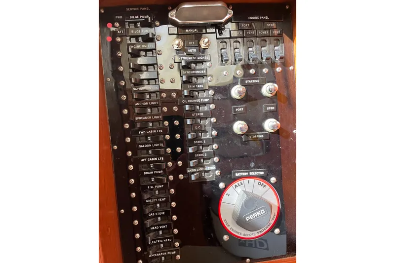 Slide: The Image of Interior of 1991 Grand Banks 46 Motoryacht with wooden cabinetry and parquet flooring. - 25