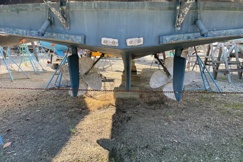 Slide: The Image of 1991 Grand Banks 46 Motoryacht deck with green canopy and railing. - 4