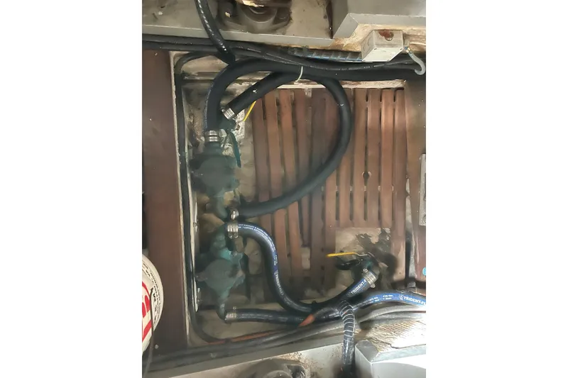 Slide: The Image of Electrical panel and wiring inside a 1991 Grand Banks 46 Motoryacht engine room. - 43