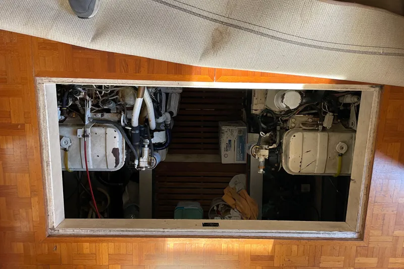 Slide: The Image of Electrical panel inside a 1991 Grand Banks 46 Motoryacht, showcasing wiring and components. - 45