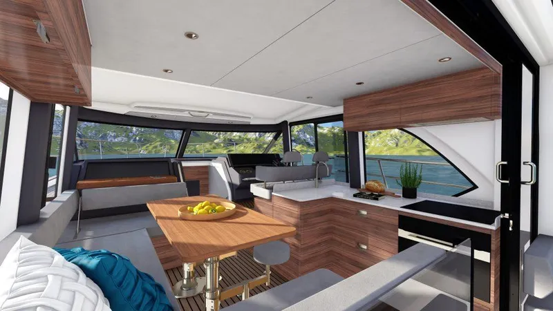 Slide: The Image of Interior of 2025 Marex 440 Scandinavia yacht with modern design and panoramic windows. - 3