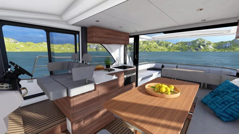 Slide: The Image of Luxurious interior of 2025 Marex 440 Scandinavia yacht with scenic water view. - 5