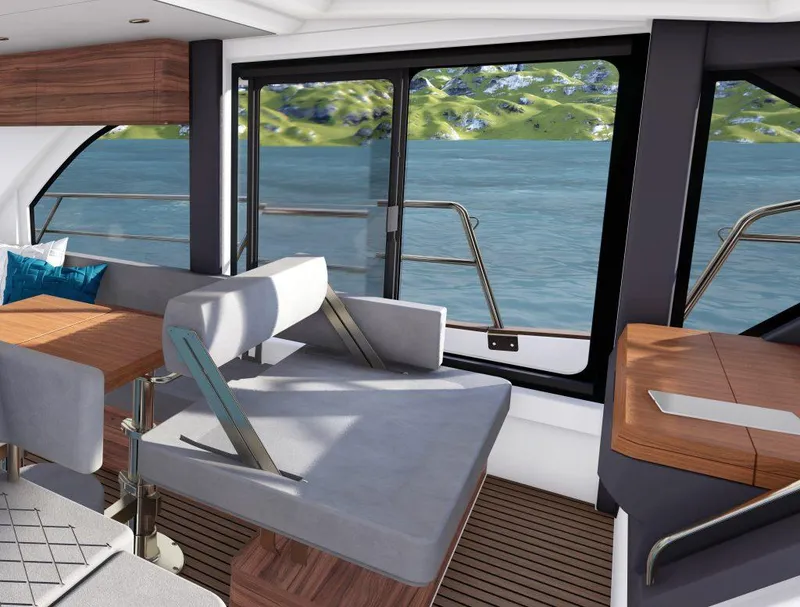 Slide: The Image of Interior of 2025 Marex 440 Scandinavia yacht with scenic water view. - 8