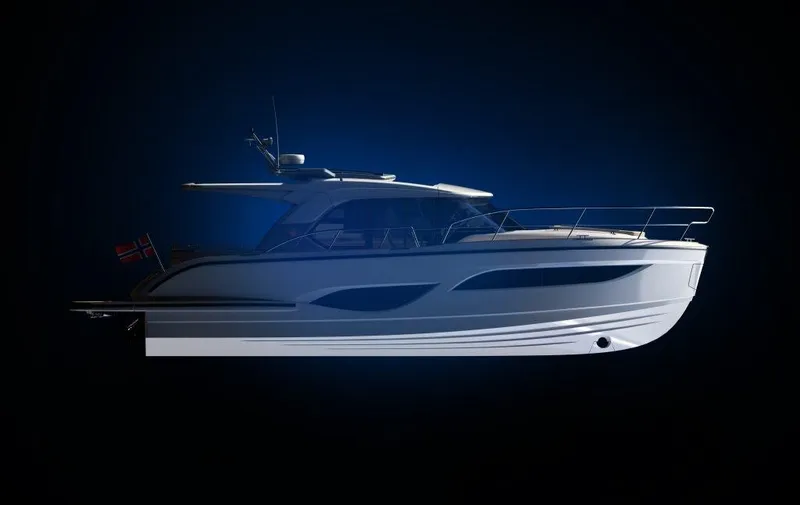 Slide: The Image of 2025 Marex 440 Scandinavia yacht, sleek design, side view, dark background. - 9