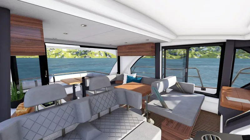 Slide: The Image of Luxurious interior of 2025 Marex 440 Scandinavia yacht with scenic water views. - 4