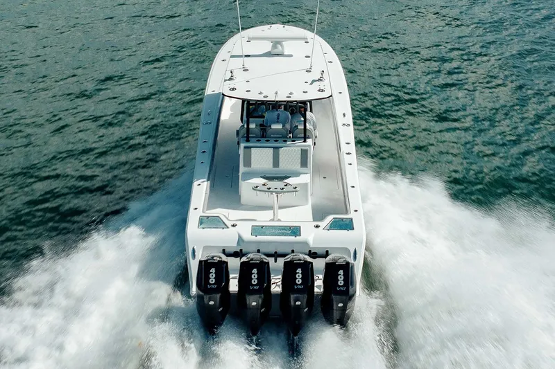 Slide: The Image of 2026 Front Runner 39 Center Console boat storage compartment, open and empty. - 12