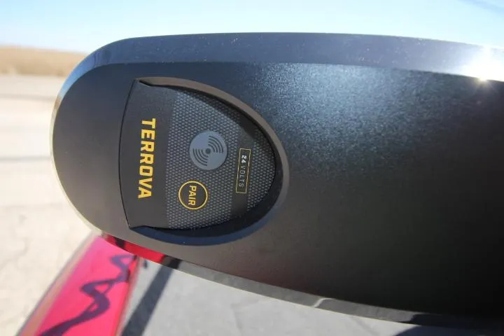 Slide: The Image of Close-up of Terrova motor on 2025 Vexus ADX180LS boat. - 14