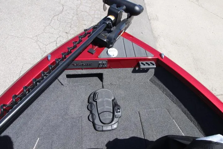 Slide: The Image of 2025 Vexus ADX180LS boat deck with trolling motor and foot pedal controls. - 2