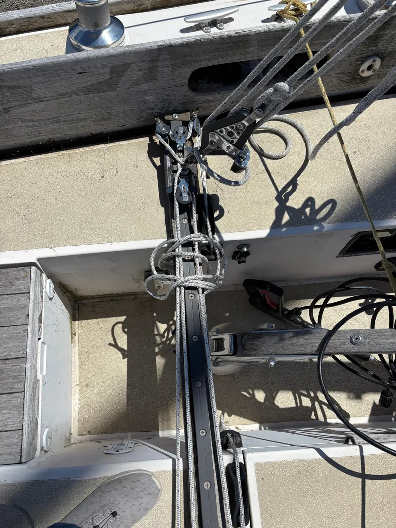 Slide: The Image of Deck view of a 1972 Tartan 34C sailboat, showcasing rigging and hardware. - 18