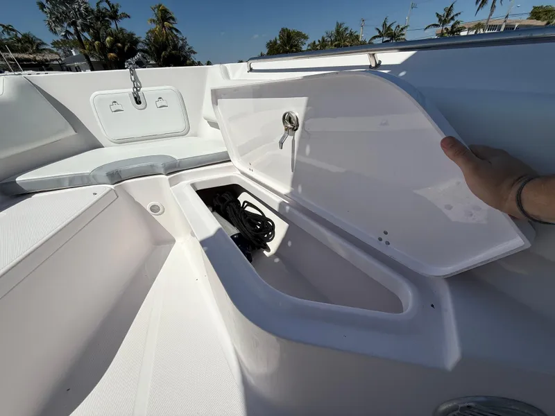 Slide: The Image of 2019 Pro-Line 23 Sport boat storage compartment open, showcasing interior space. - 15