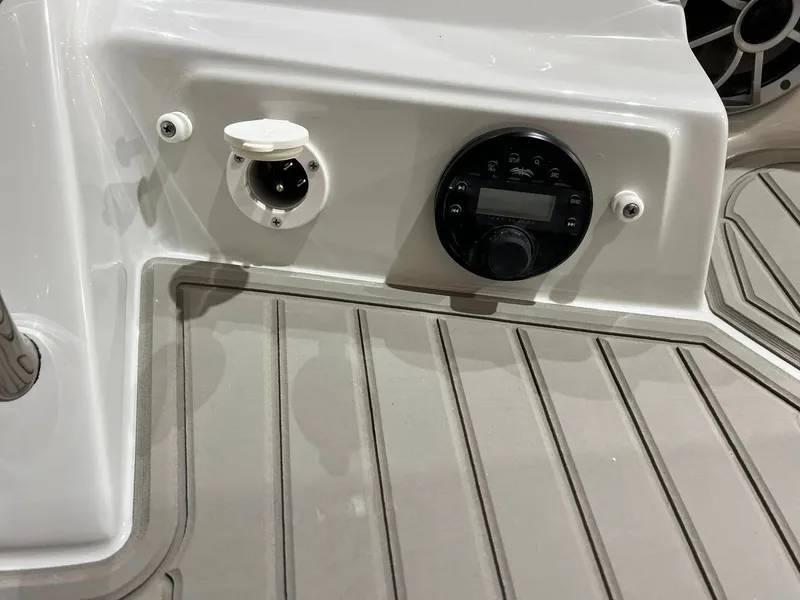 Slide: The Image of 2024 Crownline 250XSS boat interior with control panel and speaker detail. - 11