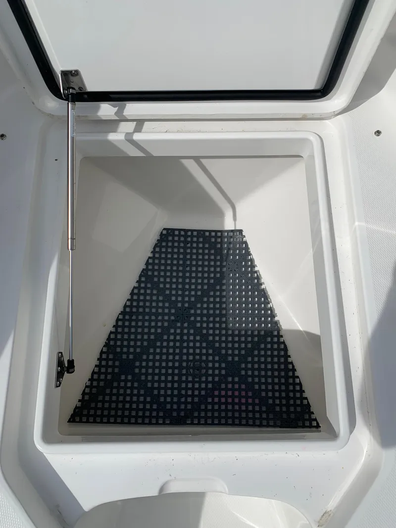 Slide: The Image of 2019 Regulator 31 FS storage compartment with open lid and black mat. - 30