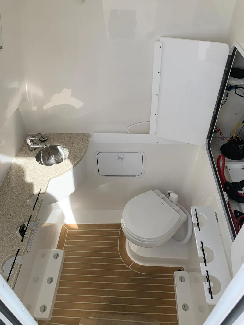 Slide: The Image of 2019 Regulator 31 FS boat interior with toilet and sink, featuring wood-style flooring. - 33
