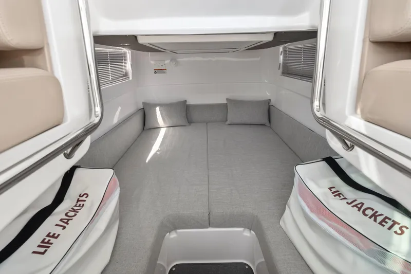 Slide: The Image of Interior cabin of 2022 Axopar 37 Cross Cabin Brabus Trim with life jackets. - 34