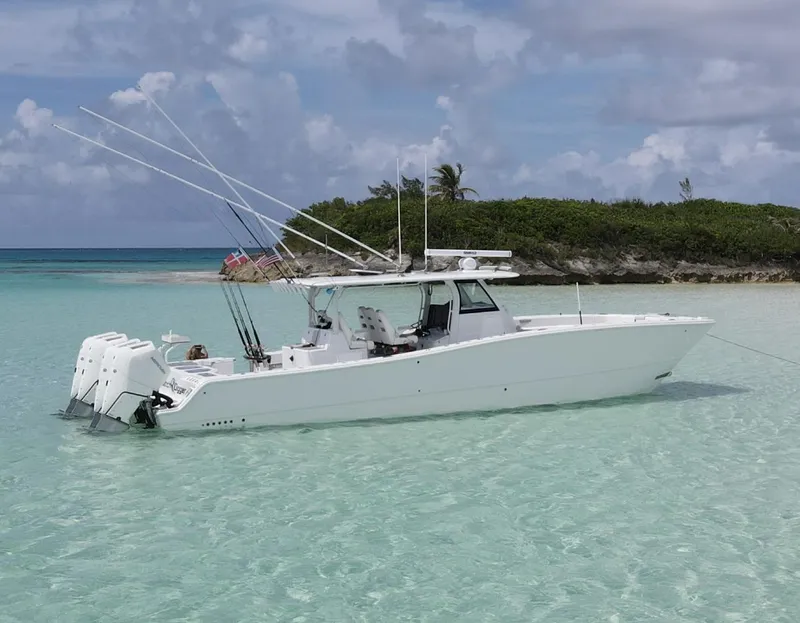 The Image of 2024 Freeman 43 boat cruising on open water with dual engines. - 0