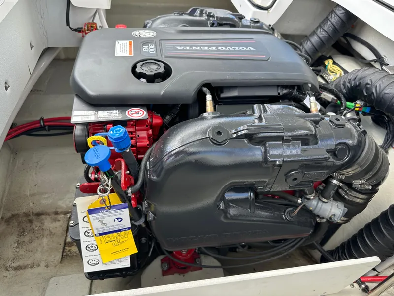 Slide: The Image of Engine compartment of a 2021 Cobalt R5 boat featuring a Volvo Penta engine. - 21