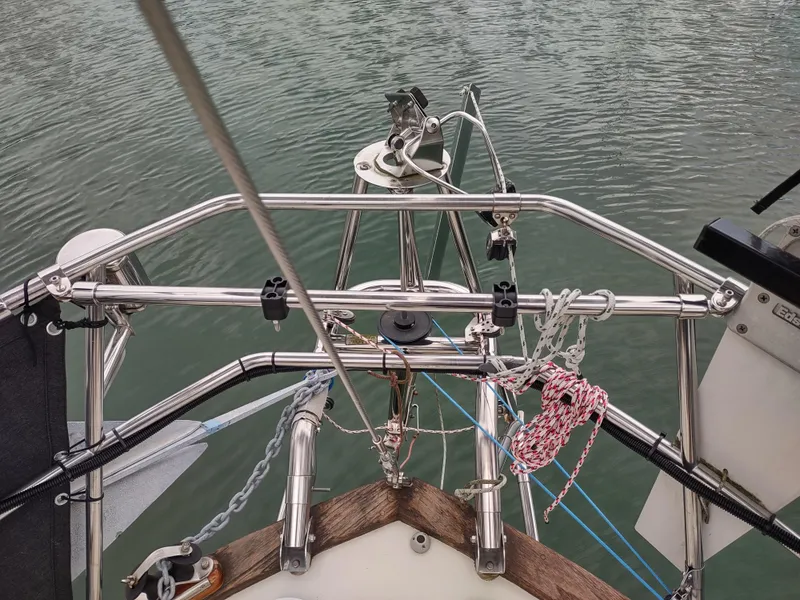 Slide: The Image of Bow of a 1997 Pacific Seacraft 37 sailboat with stainless steel fittings. - 14