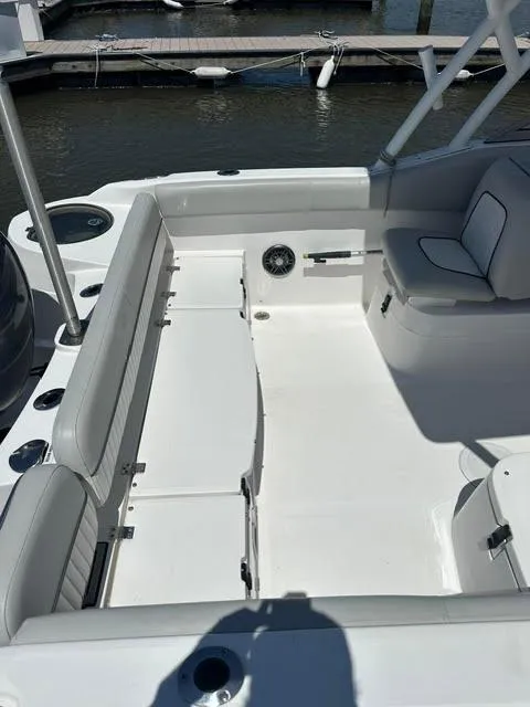 Slide: The Image of 2024 Sea Fox 226 Traveler boat interior with spacious seating and sleek design. - 16