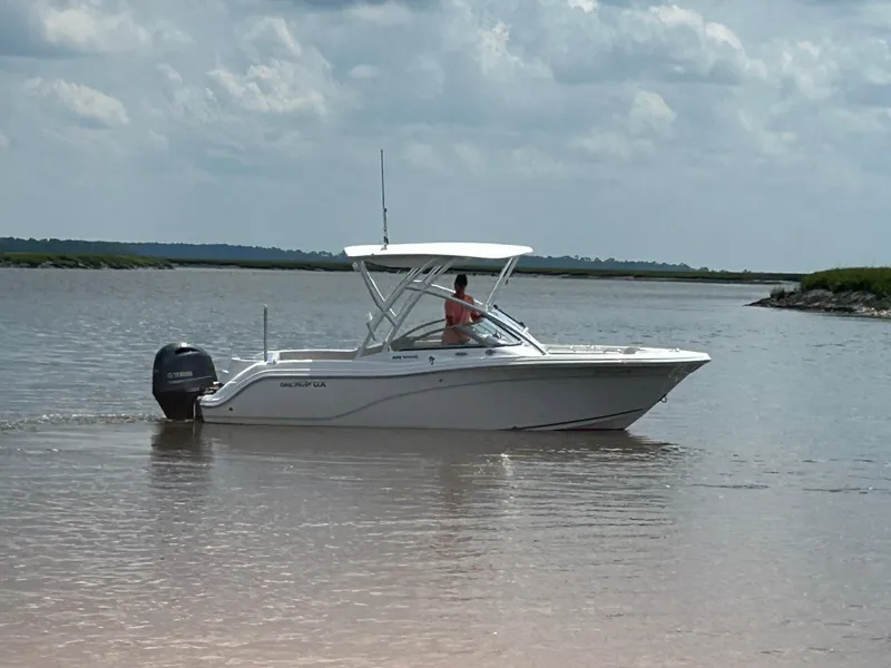 Slide: The Image of 2024 Sea Fox 226 Traveler boat cruising on calm waters under a cloudy sky. - 3
