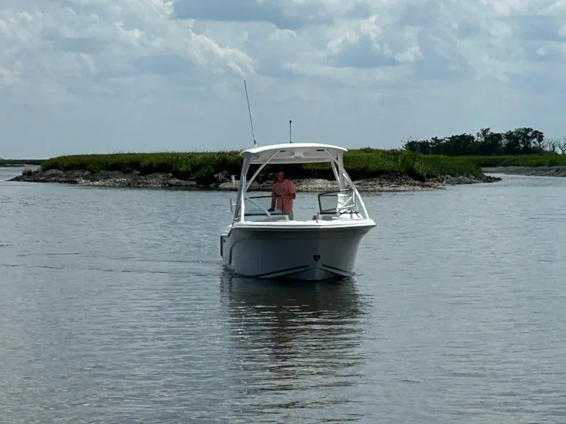 Slide: The Image of 2024 Sea Fox 226 Traveler boat cruising on calm water near a grassy island. - 4