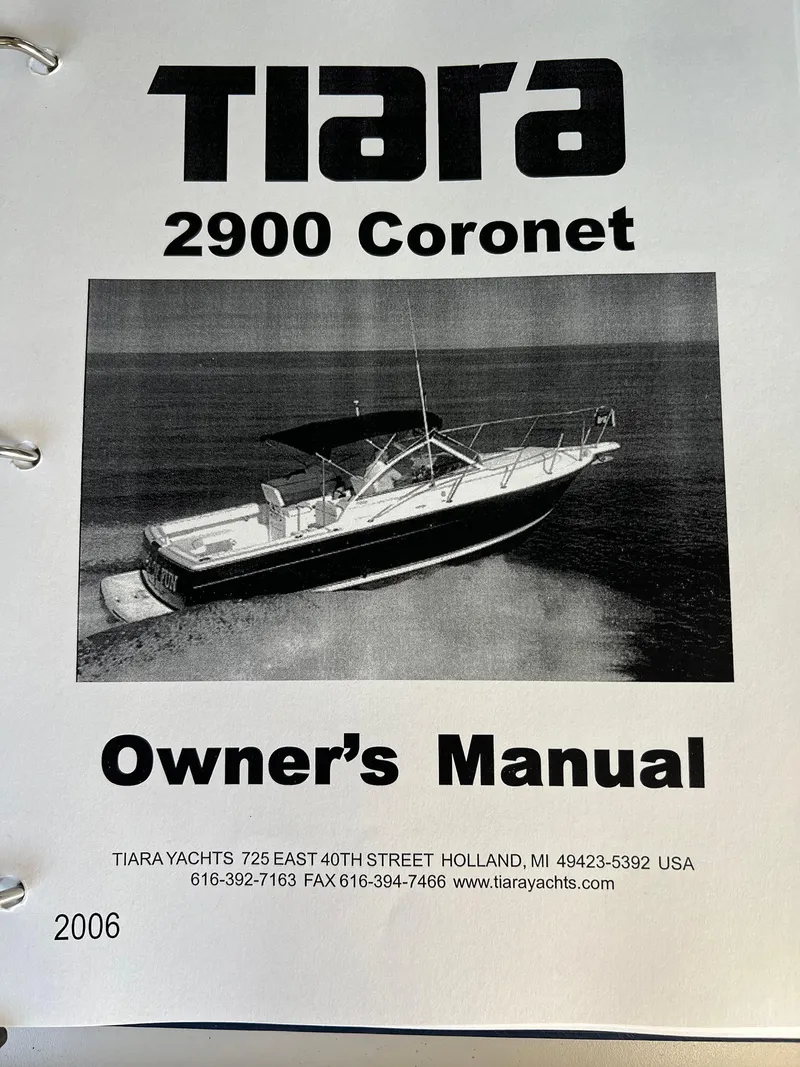 Slide: The Image of 2006 Tiara Yachts 2900 Coronet owner's manual cover with boat image. - 38