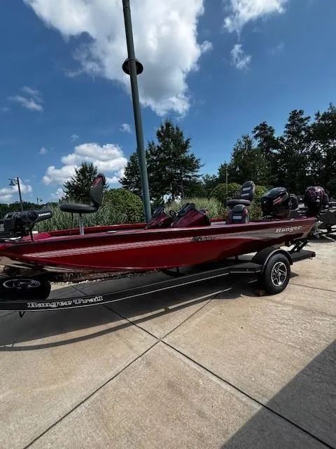 The Image of 2025 Ranger RT188P boat on trailer, red color, parked outdoors under blue sky. - 0