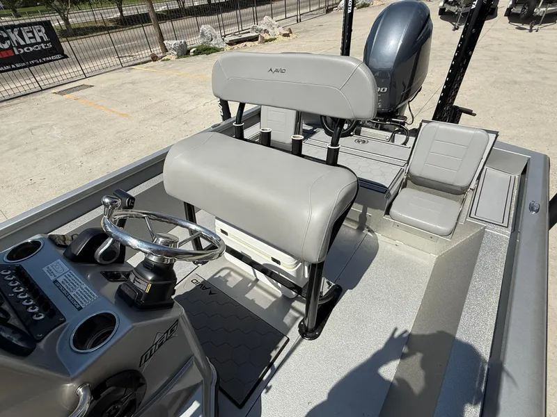 Slide: The Image of 2021 Avid FS23 Mag Platinum boat interior with seating and measurement markings. - 10