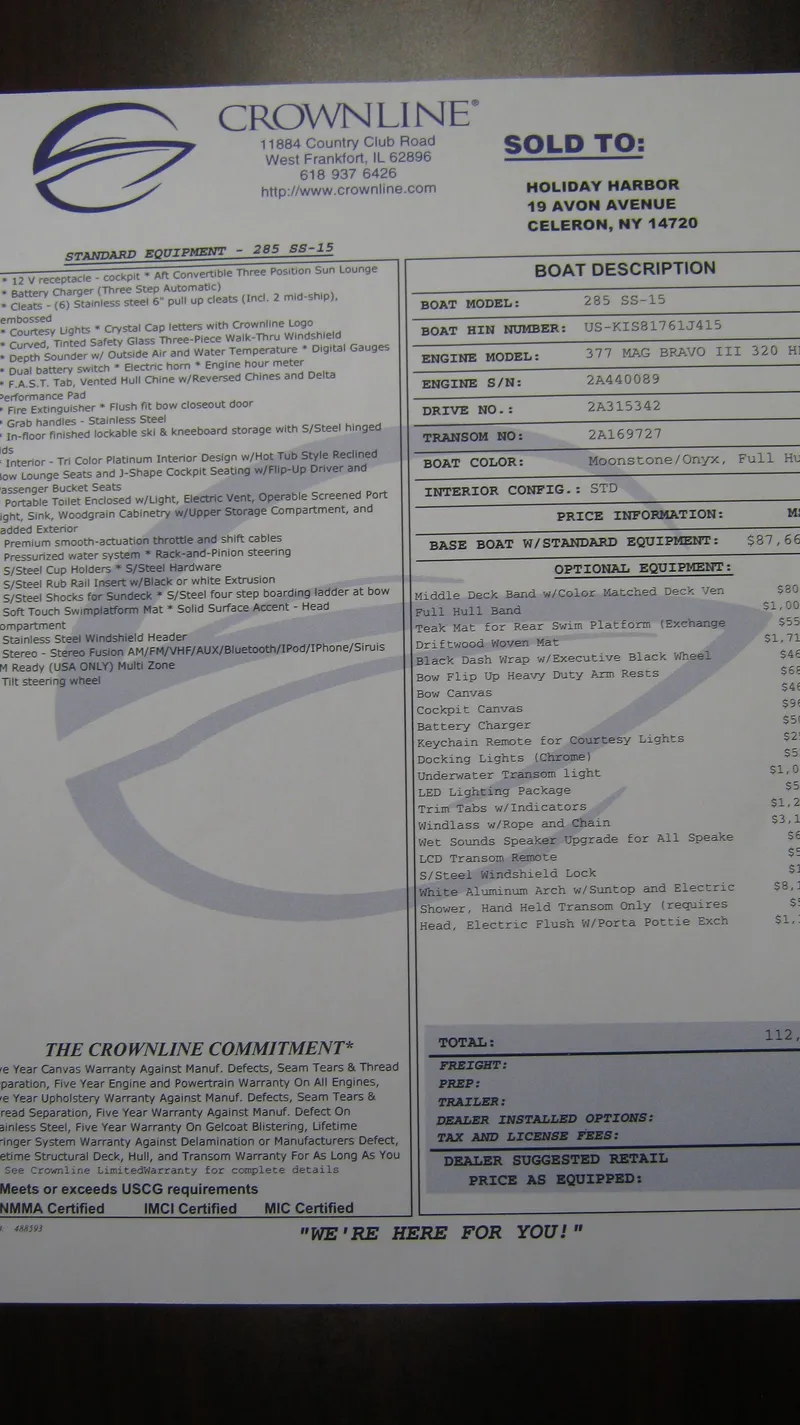 Slide: The Image of Invoice for 2015 Crownline 285 SS boat, sold to Holiday Harbor, Celoron, NY. - 24