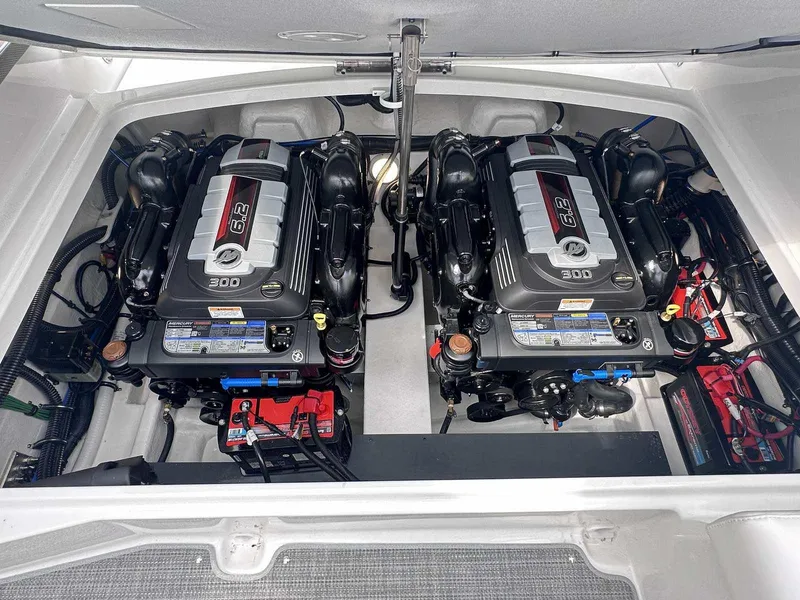 Slide: The Image of 2025 Formula 290 Bowrider engine compartment with dual 6.2L 300 horsepower engines. - 35