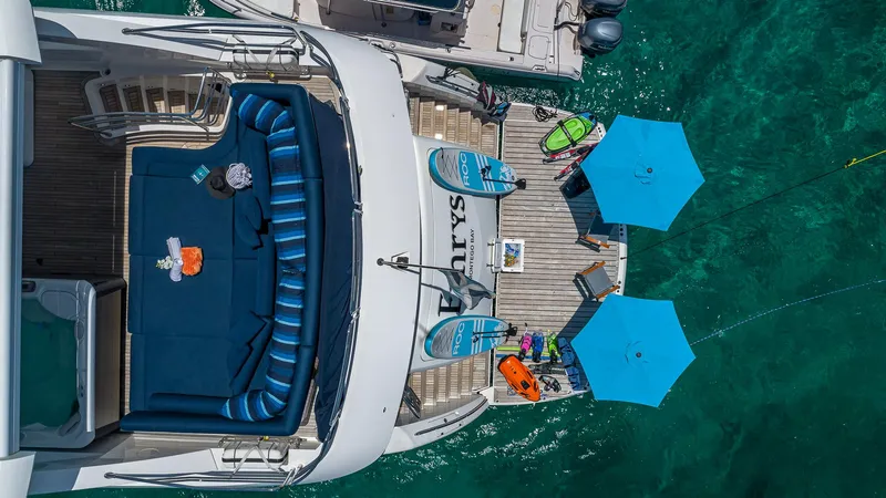 Slide: The Image of Aerial view of 2010 Sunseeker Flybridge yacht with deck seating and water sports gear. - 27