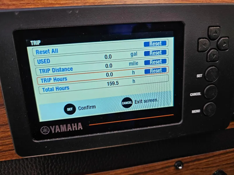 Slide: The Image of Yamaha display showing trip data on 2019 Ranger Tugs 23R boat dashboard. - 14